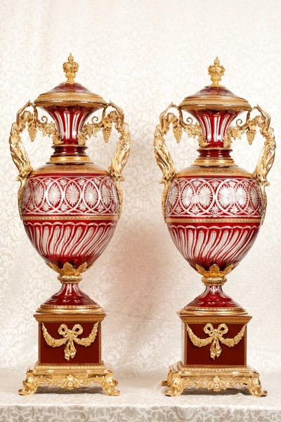 Pair Cut Glass Antique French Empire Maiden Vases Porcelain Base Architectural