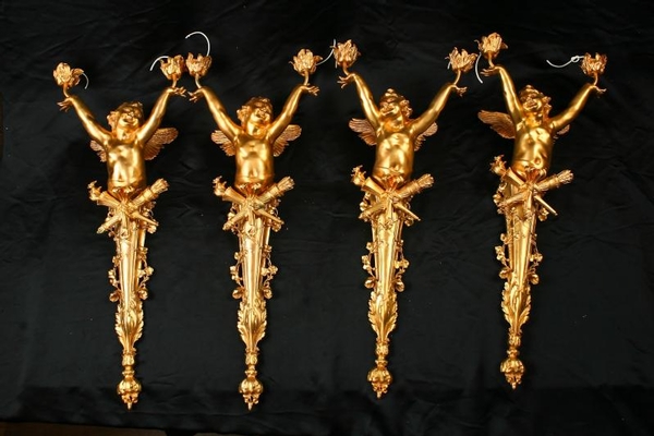 Set 4 French Rococo Ormolu Cherub Sconces Appliques Wall Lights