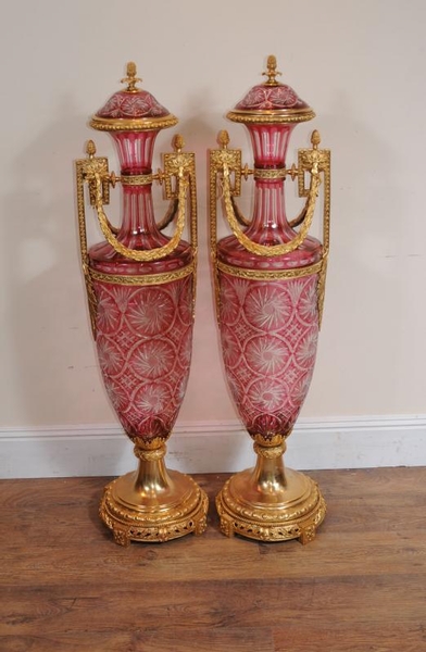 Pair French XL Amphora Glass Urns Vases Ormolu