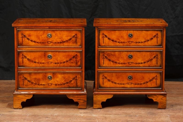 Pair Walnut Regency Bedside Chests Tables Cabinets Nightstands Inlay