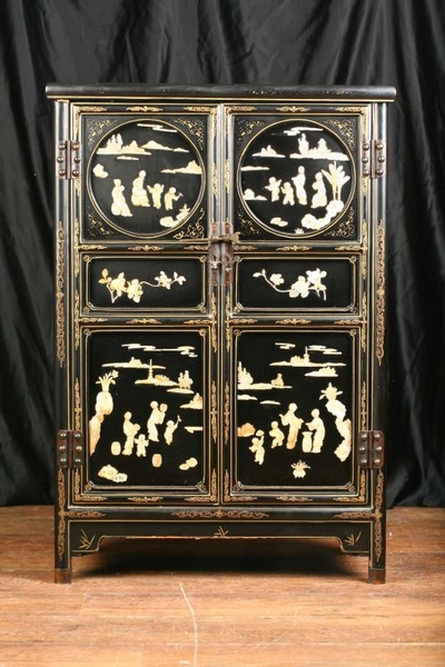 Black Lacquer Chinese Cabinet Chest Bone Inlay Carvings