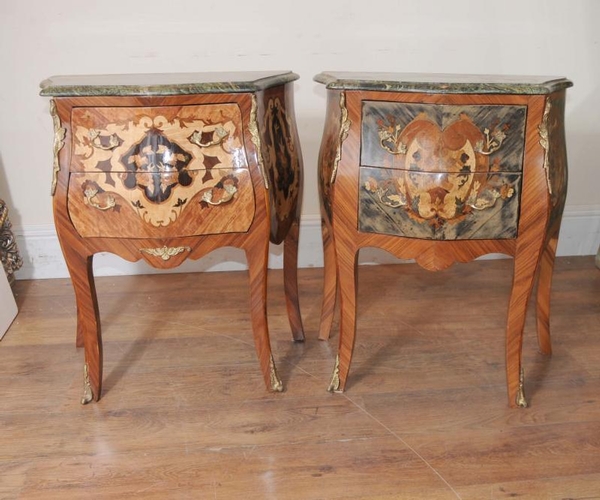 Pair Bombe Louis XV Inlay Chests Bedside Tables