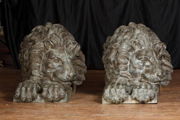 Pair Lifesize Bronze Lions Gatekeepers Reclining Statues