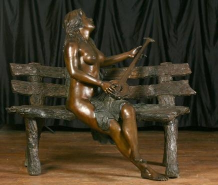 Lifesize Nude Female Mandolin Statue Seated Bench Figurine Architectural