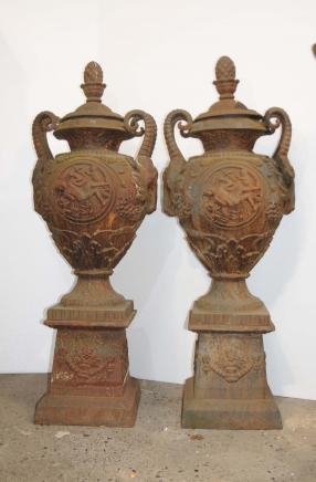 Pair Victorian Cast Iron Garden Urns Vases