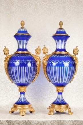 Empire Glass Urns Ormolu Satyr Head Handles Vases French