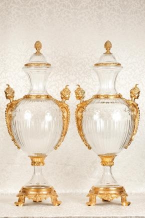 Pair XL Empire Vases Urns French Glass Satyr Ormolu