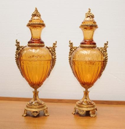 Pair French Empire Cut Glass Vases Urns