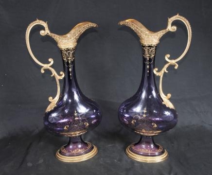 Pair French Cut Glass Jug Ewer Vases Ormolu