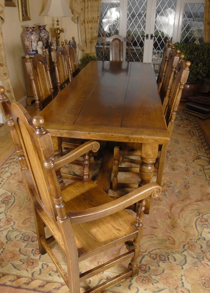 English Rustic Refectory Table & William Mary Chair Set