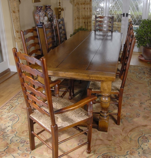 English Farmhouse Refectory Table & 8 Ladderback Chairs
