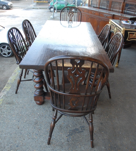 English Rustic Barley Twist Table & Windsor Chair Dining Set