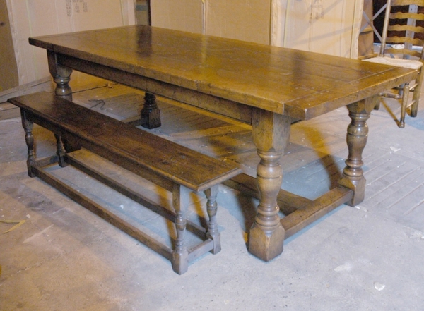 English Abbey Oak Rustic Refectory Table Bench Dining Set