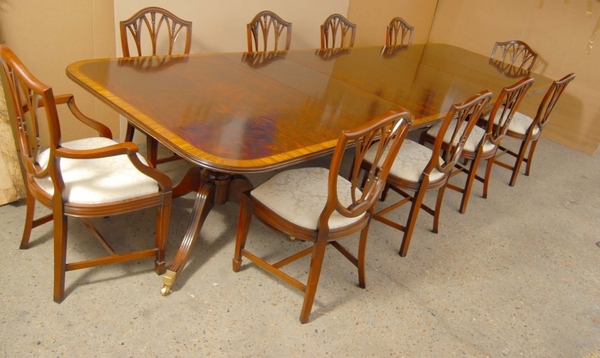 English Regency Pedestal Dining Table & Hepplewhite Chair Set