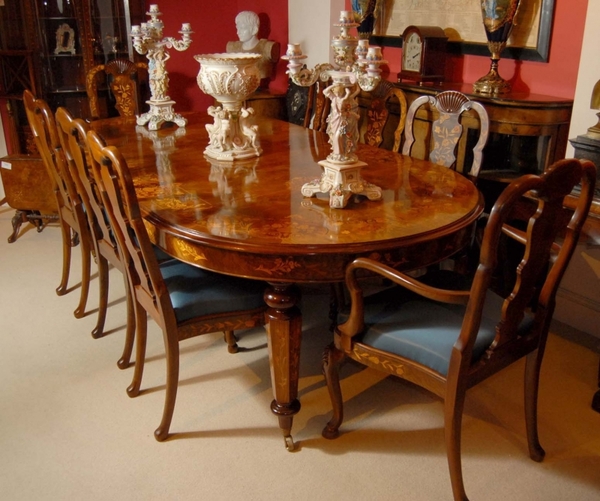 Antique 8 Foot Italian Marquetry Dining Table 8 Queen Anne Chairs