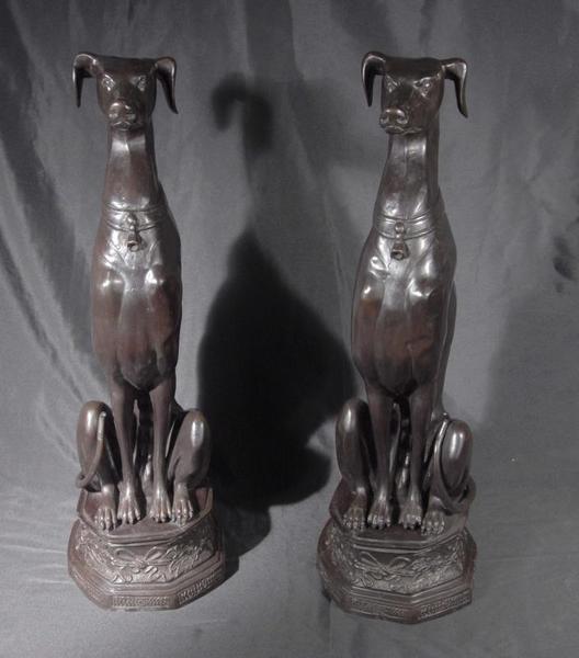 Pair Bronze Art Deco Greyhound Dogs Grey Hounds Statue