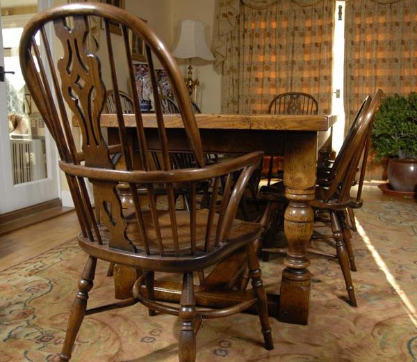 English Oak Refectory Table & 8 Windsor Chair Dining Set