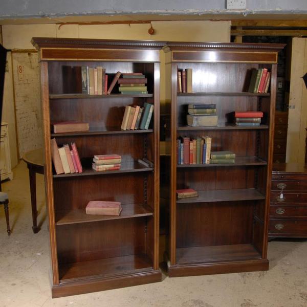 Pair Edwardian Sheraton Open Bookcases Bookcase