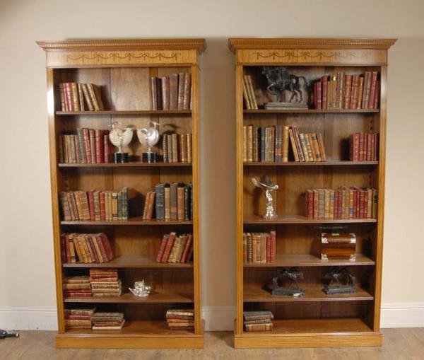 Pair 7 Ft English Regency Open Sheraton Bookcases Satinwood 