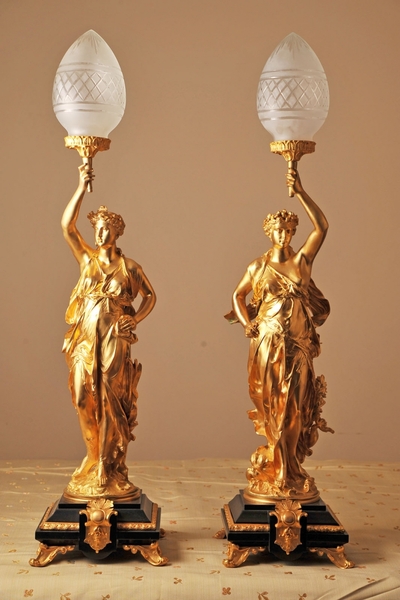 Pair French Ormolu Gregoire Classic Figurine Lamps Lights Torcheres