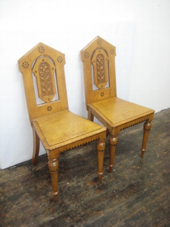 Pair of Mid Victorian Arts and Crafts Oak Hall Chairs