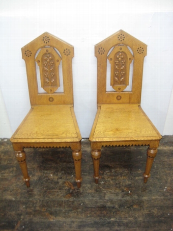 Antique Pair of Mid Victorian Arts and Crafts Oak Hall Chairs