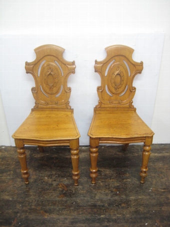 Antique Pair of Mid Victorian Carved Oak Hall Chairs