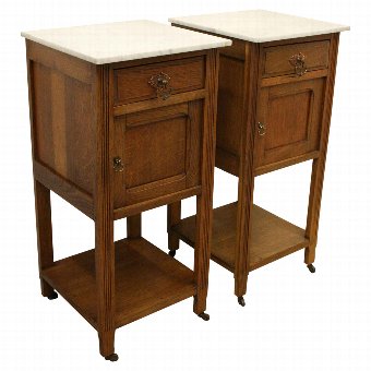Pair of Oak Marble Top Bedside Cabinets