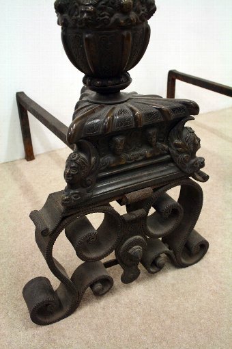 Antique Pair of Monumental Bronze and Steel Fire Dogs