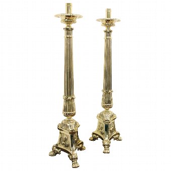 Large Pair of Ecclesiastical Brass Candlesticks