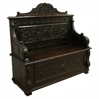 Flemish Carved Oak Monks Bench