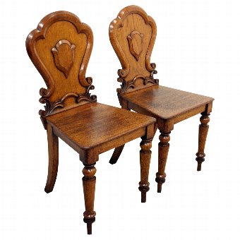 Pair of Victorian Carved Oak Hall Chairs
