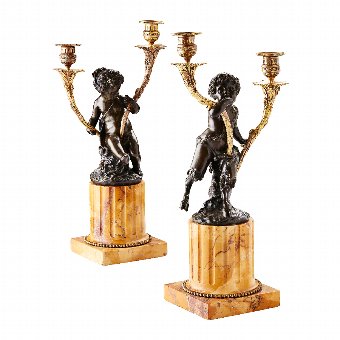 Pair of French Gilt and Patinated Bronze Candelabra