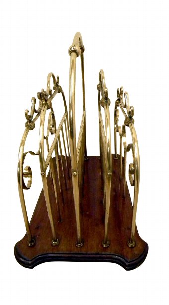 Antique Art Nouveau Brass and Mahogany Magazine Rack