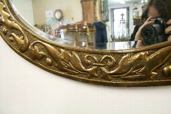 Antique Art Nouveau Oval Brass Embossed Mirror