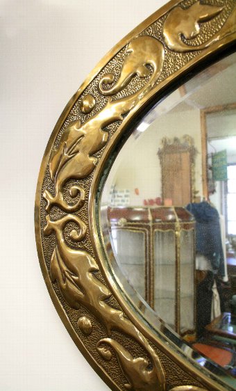 Antique Art Nouveau Oval Brass Embossed Mirror
