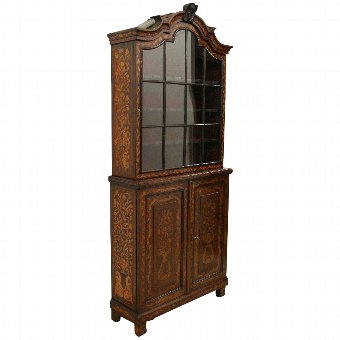 Antique Dutch Marquetry 2 Part Display Cabinet