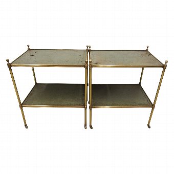 Pair of Brass and Leather 2 Tier Etageres