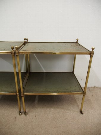 Antique Pair of Brass and Leather 2 Tier Etageres