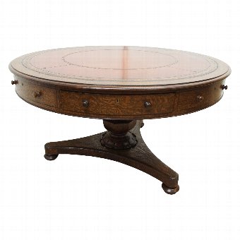 Antique William IV Oak and Leather-Topped Drum Table