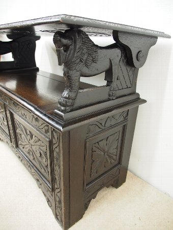 Antique Late Victorian Carved Oak Monks Bench with Heraldic Carving