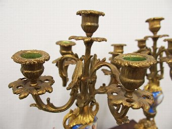 Antique Pair of French Rococco Style Gilded and Porcelain Candelabra