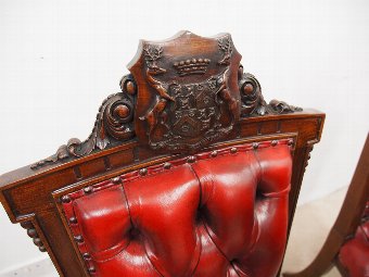 Antique Pair of Victorian Carved Oak Armorial Hall Chairs