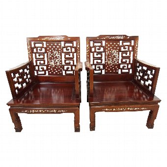 Pair of Chinese Mother of Pearl Inlaid Hardwood Armchairs