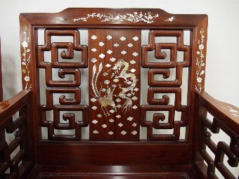 Antique Pair of Chinese Mother of Pearl Inlaid Hardwood Armchairs