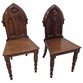 Pair of Oak Gothic Revival Hall Chairs