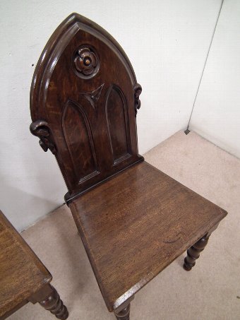 Antique Pair of Oak Gothic Revival Hall Chairs