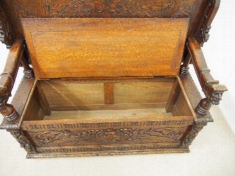 Antique Flemish Carved Oak Monks Bench