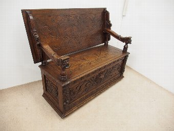 Antique Flemish Carved Oak Monks Bench