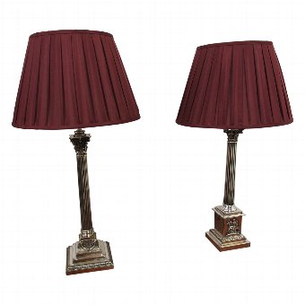 Antique Pair of Silver Plated Corinthian Oil Lamps